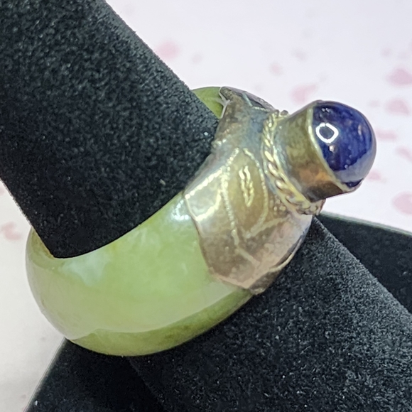 Burmese Jade, Sapphire, and Sterling Ring - Picture 2 of 5